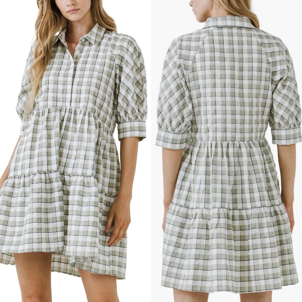 English Factory Sz‎ XS Green White Check Babydoll Collared Mini Shirtdress